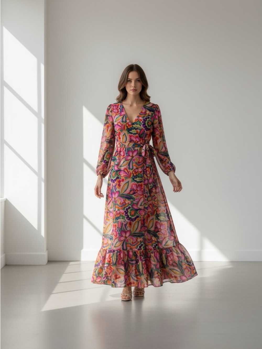 New Jessica Howard Floral V-Neck Long Sleeve Maxi Dress in Pink size 14 W